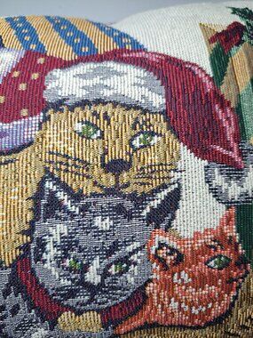 Vtg Christmas Cats Tapestry Pillow Rectangle Holiday  Santa Hat USA Collectible